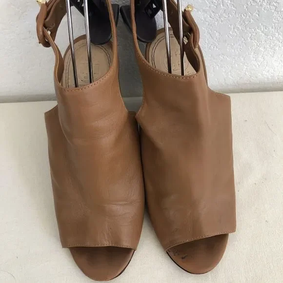 Tory Burch Slingback Shoes Saddle Leather Block Heel Peep Toe Mule Brazil Sz 7.5 - Picture 2 of 12